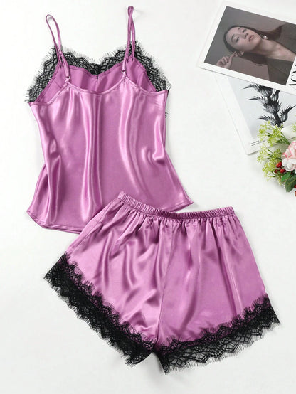 Silk & Lace Splice Cami Top And Shorts Pajama Set