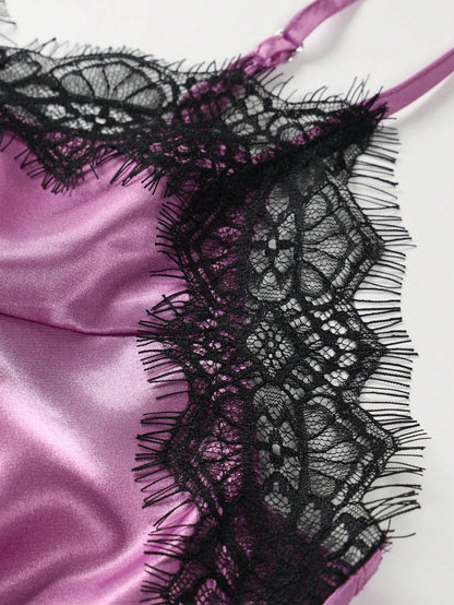 Silk & Lace Splice Cami Top And Shorts Pajama Set