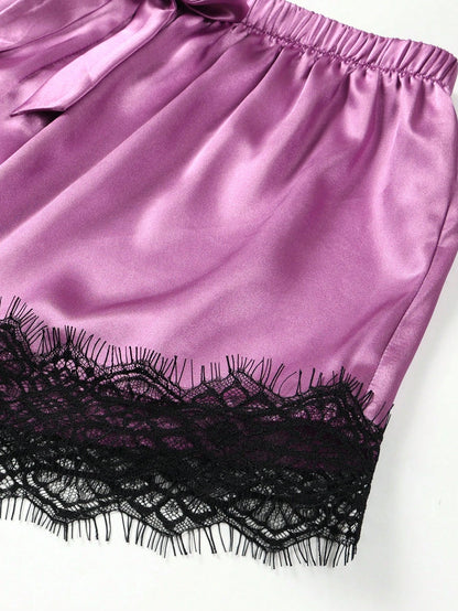 Silk & Lace Splice Cami Top And Shorts Pajama Set