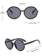 Black round sunglasses with measurements on a white background