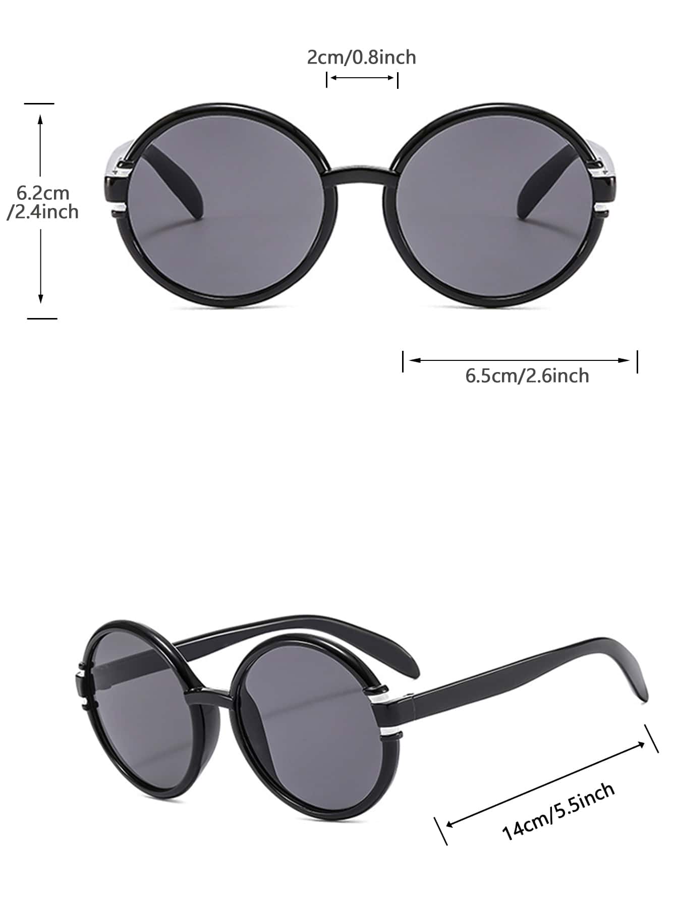 Black round sunglasses with measurements on a white background