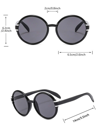 Black round sunglasses with measurements on a white background