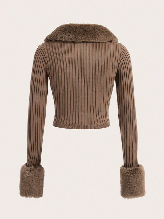 Trim Ribbed Knit Cardigan