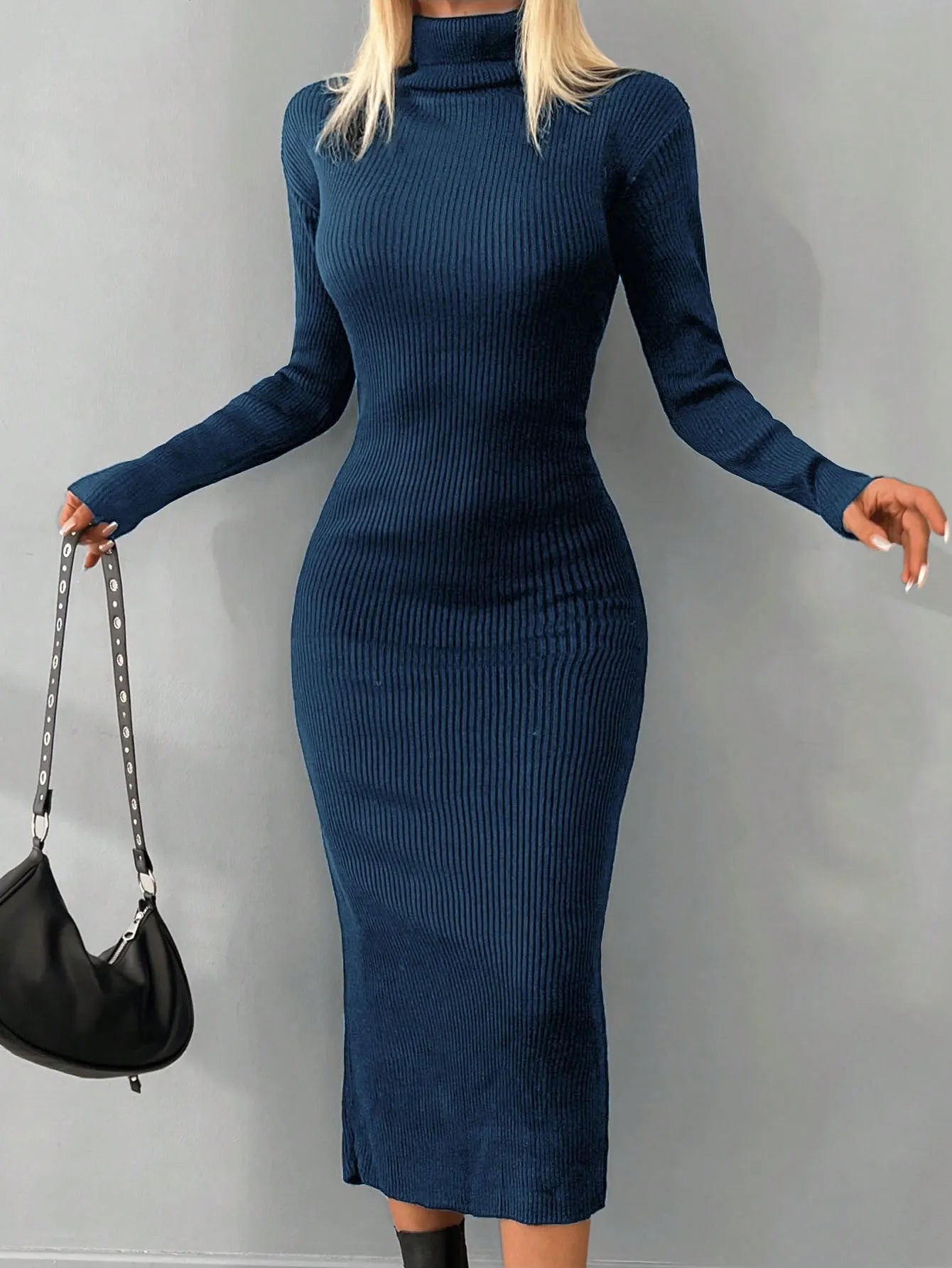 Solid Knit Turtleneck  Dress
