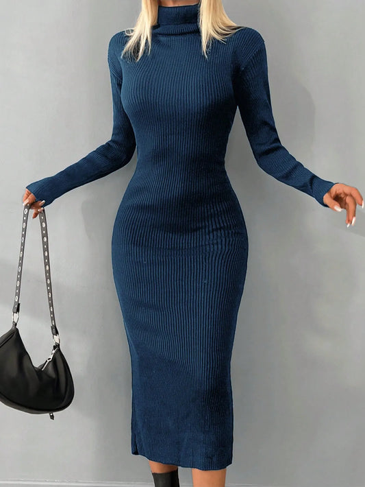 Solid Knit Turtleneck  Dress