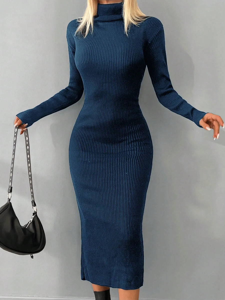 Solid Knit Turtleneck  Dress