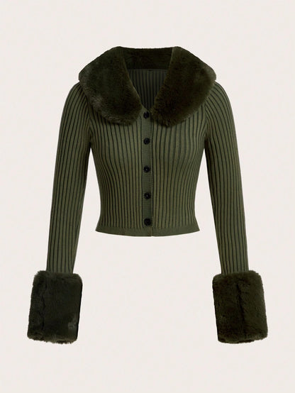 Trim Ribbed Knit Cardigan