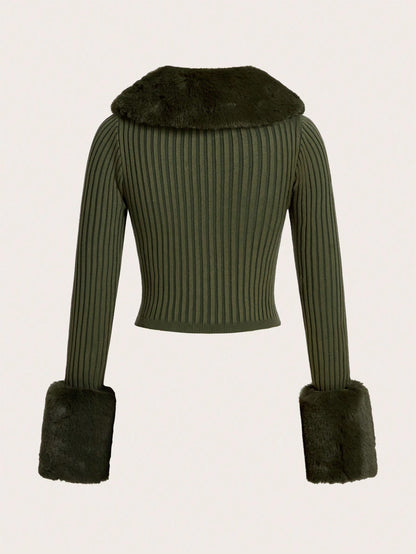 Trim Ribbed Knit Cardigan