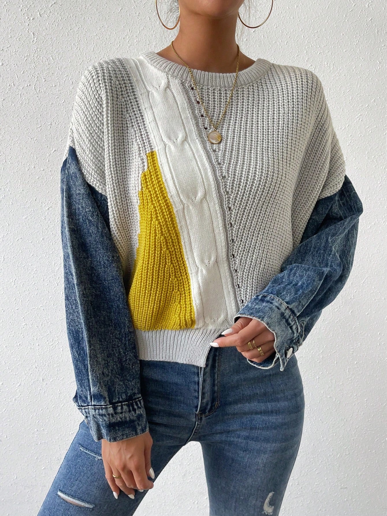 Drop Shoulder Patchwork Sweater