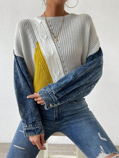 Drop Shoulder Patchwork Sweater