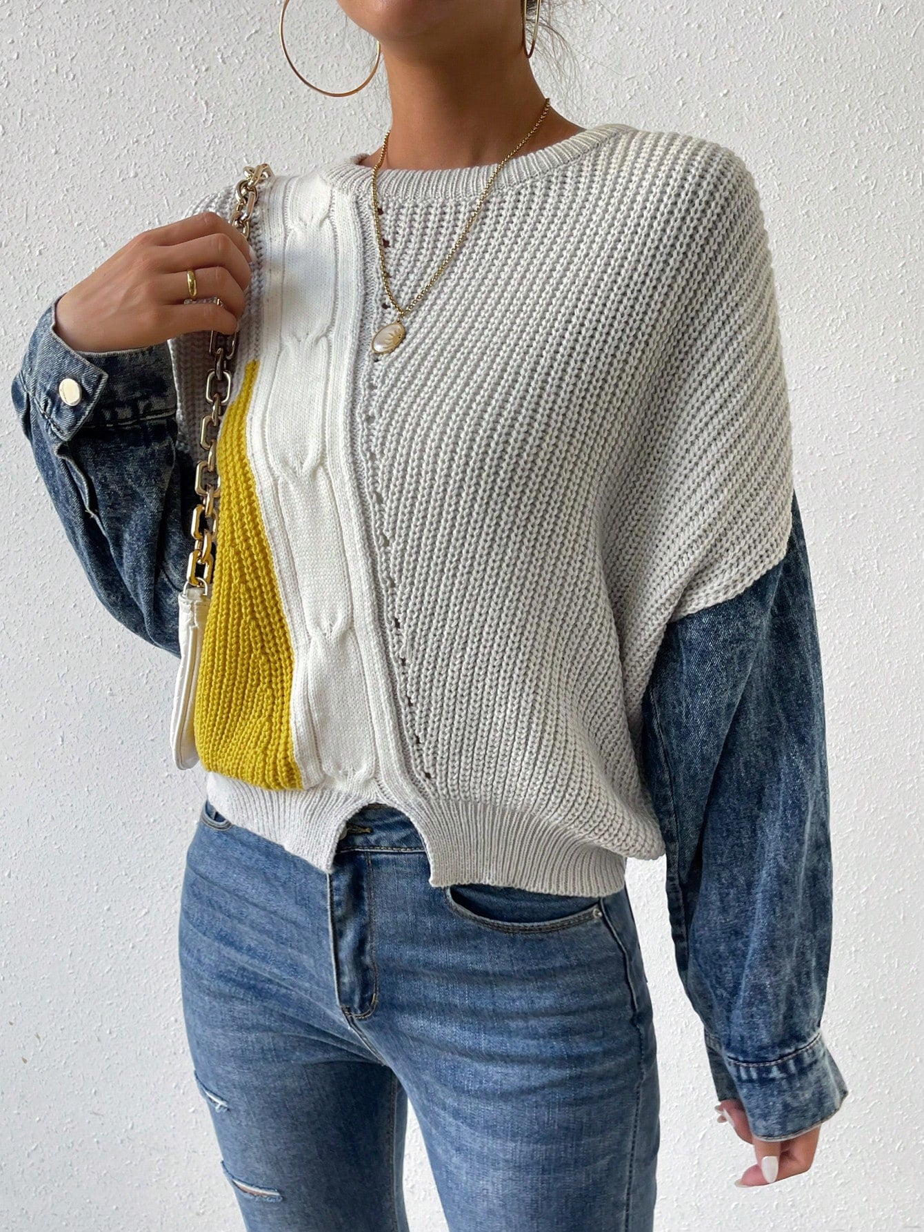 Drop Shoulder Patchwork Sweater