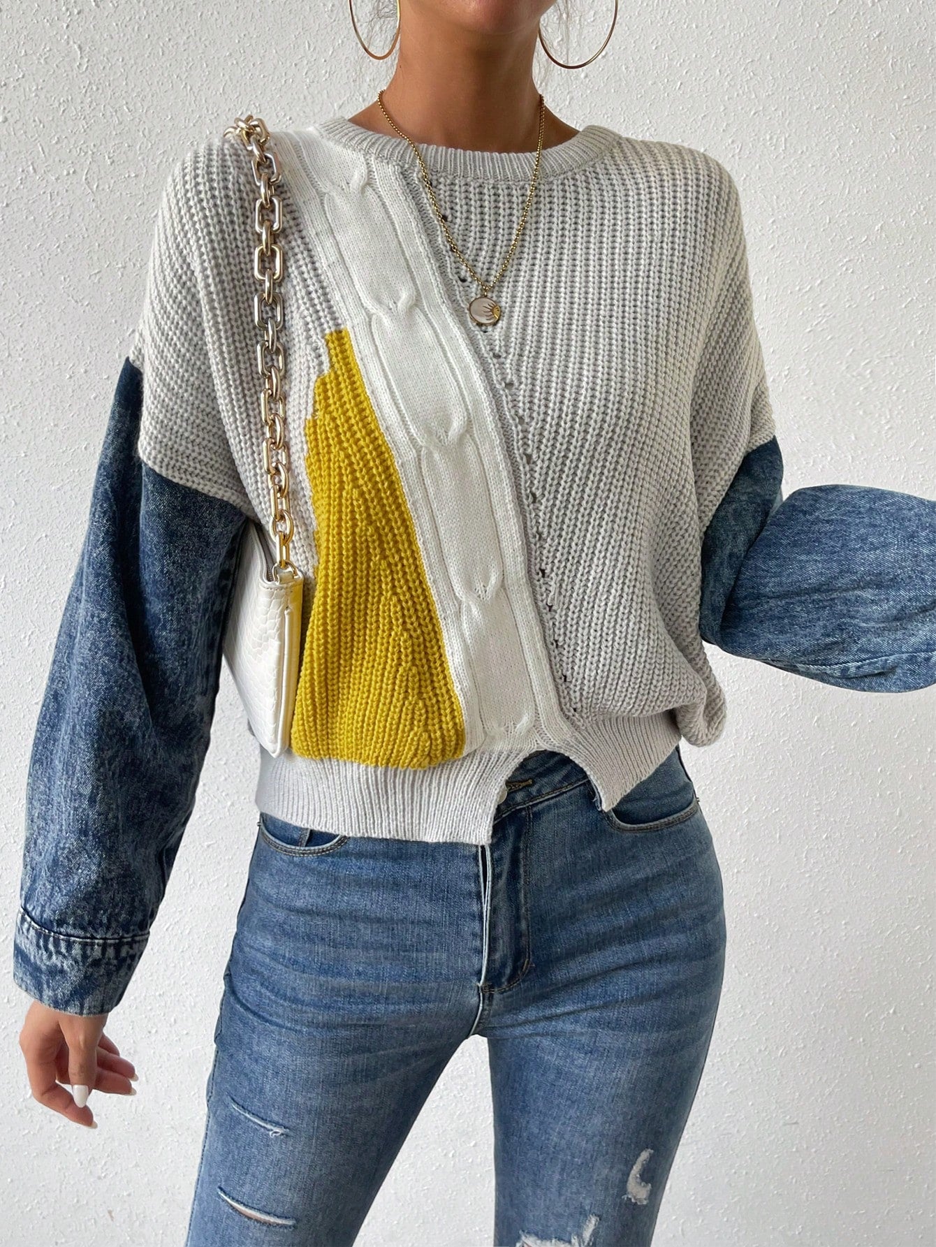 Drop Shoulder Patchwork Sweater