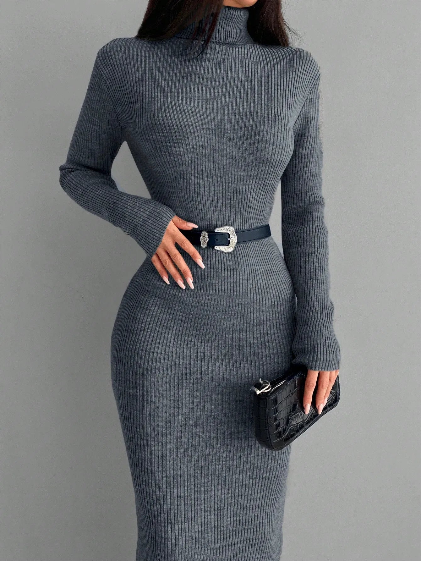 Solid Knit Turtleneck Dress