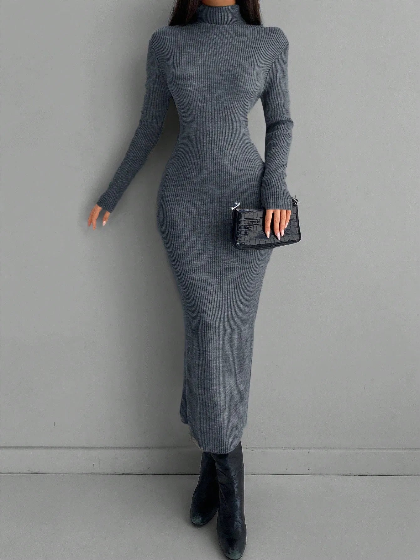 Solid Knit Turtleneck Dress