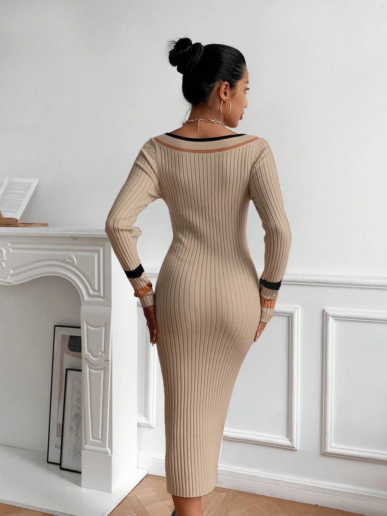 Contrasting Stripe Slim Fit Knit Sweater Dress