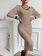 Contrasting Stripe Slim Fit Knit Sweater Dress
