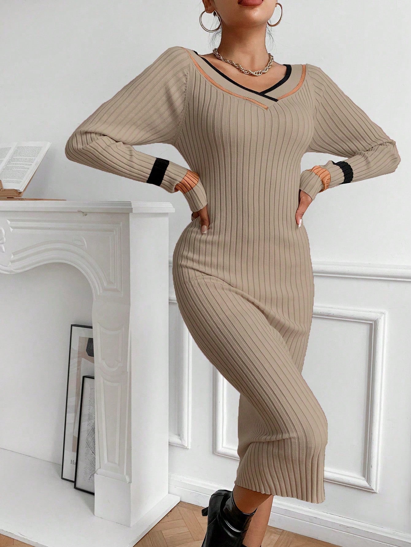 Contrasting Stripe Slim Fit Knit Sweater Dress