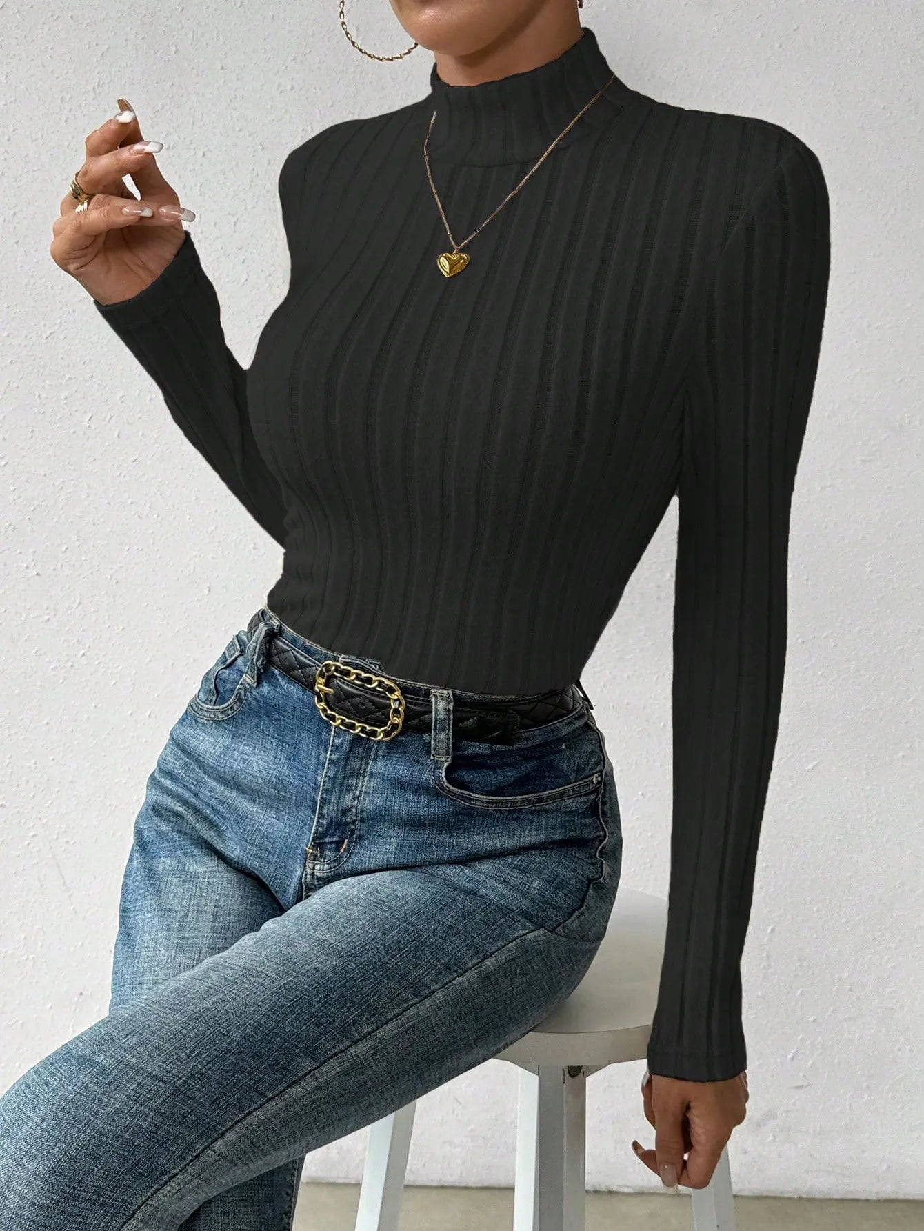 Knit Textured  Ribbed  Turtleneck