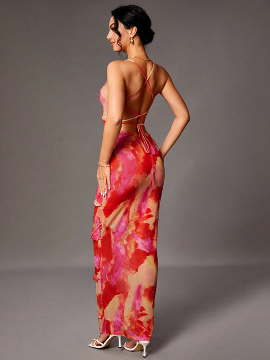Tie Dye Ruffle Hem Detail Cami Dress