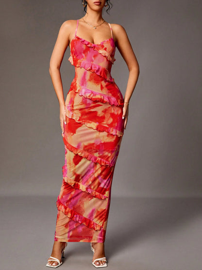 Tie Dye Ruffle Hem Detail Cami Dress