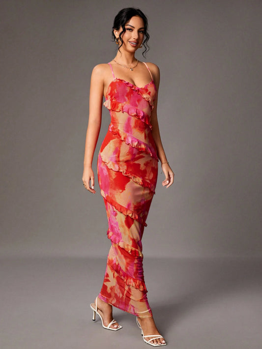 Tie Dye Ruffle Hem Detail Cami Dress