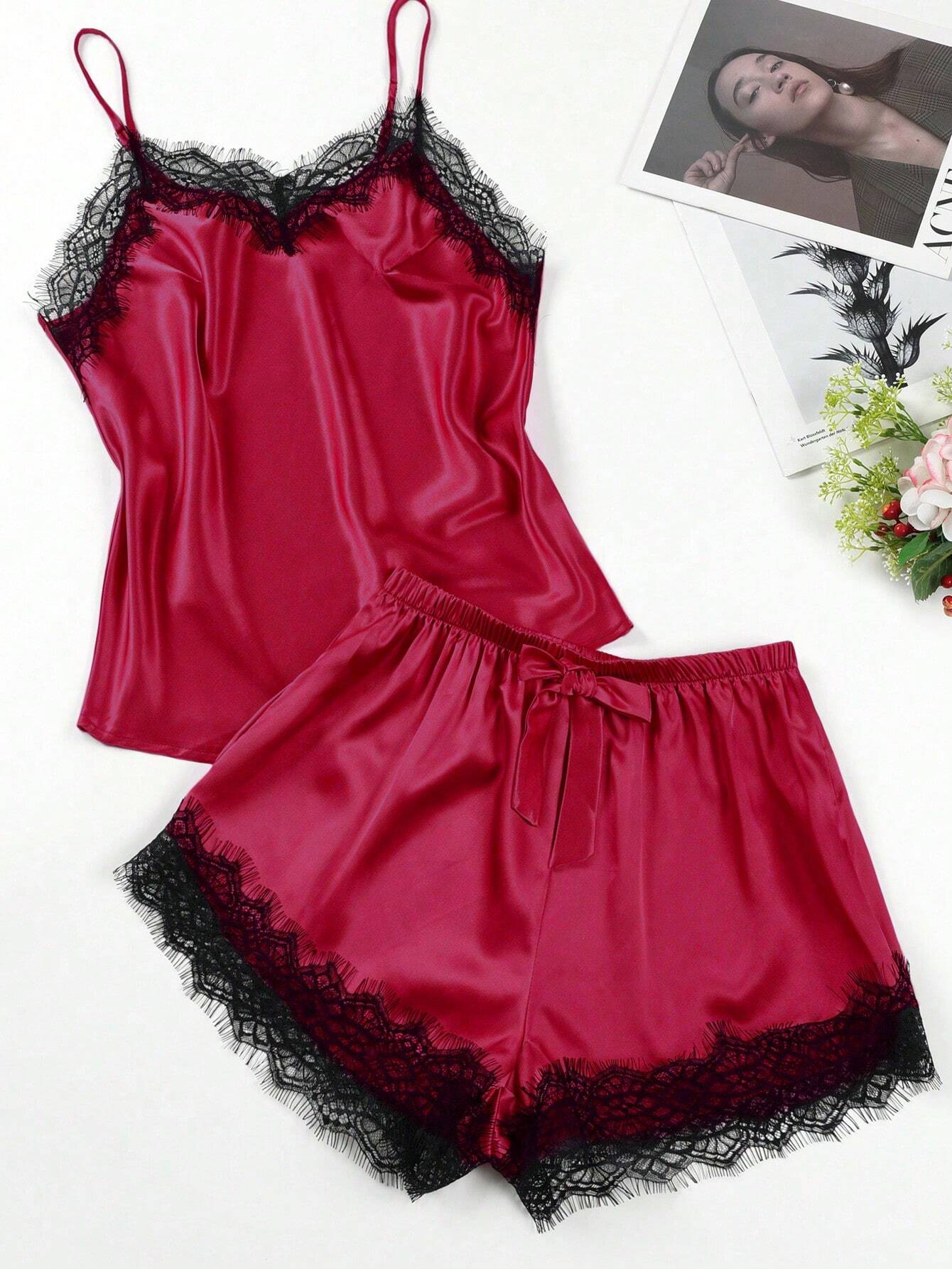 Silk & Lace Splice Cami Top And Shorts Pajama Set