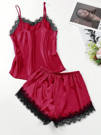 Silk & Lace Splice Cami Top And Shorts Pajama Set