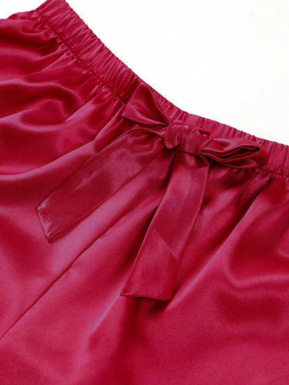 Silk & Lace Splice Cami Top And Shorts Pajama Set