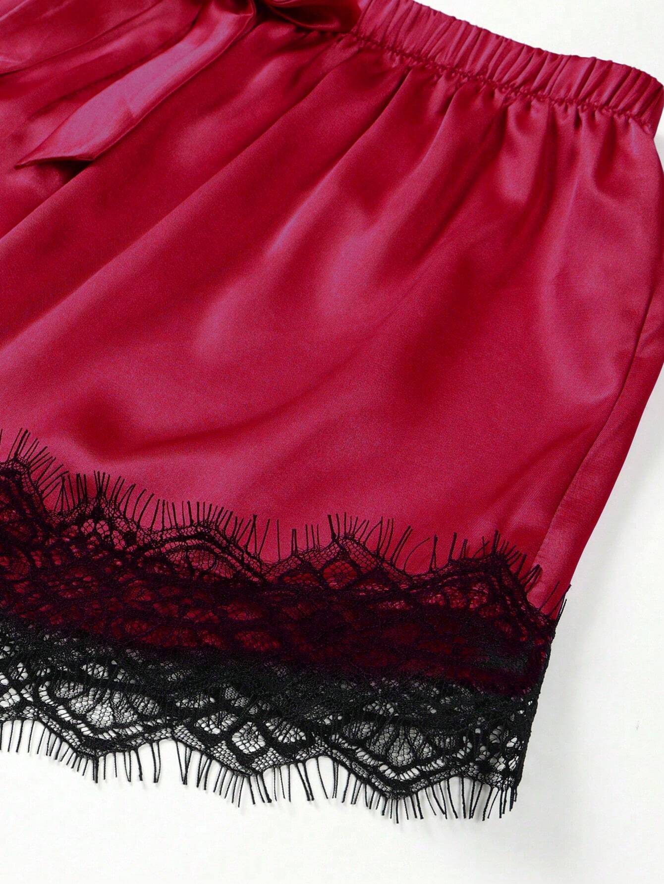 Silk & Lace Splice Cami Top And Shorts Pajama Set