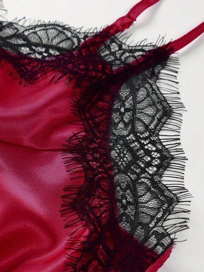 Silk & Lace Splice Cami Top And Shorts Pajama Set