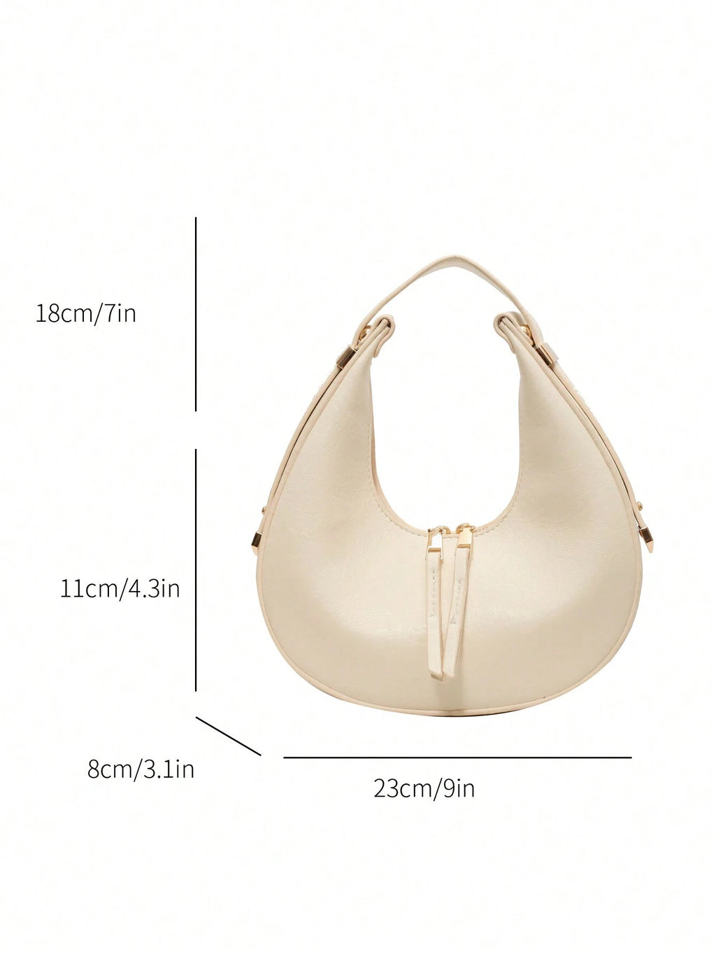 Beige handbag with dimensions labeled on a white background