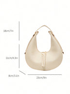 Beige handbag with dimensions labeled on a white background