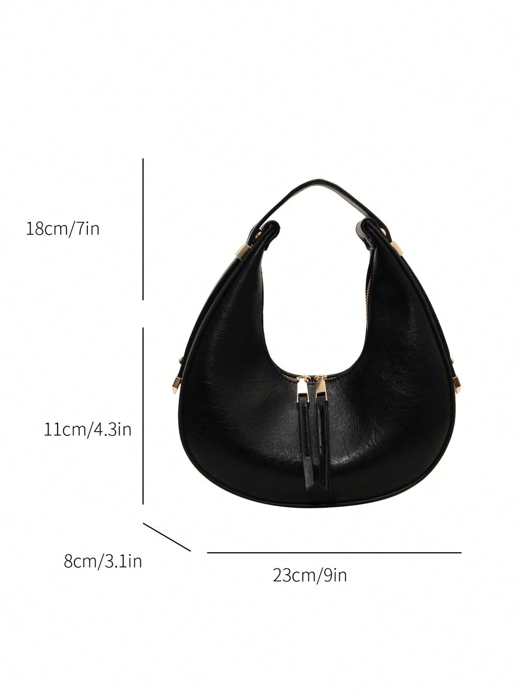 Black handbag with measurements on a white background