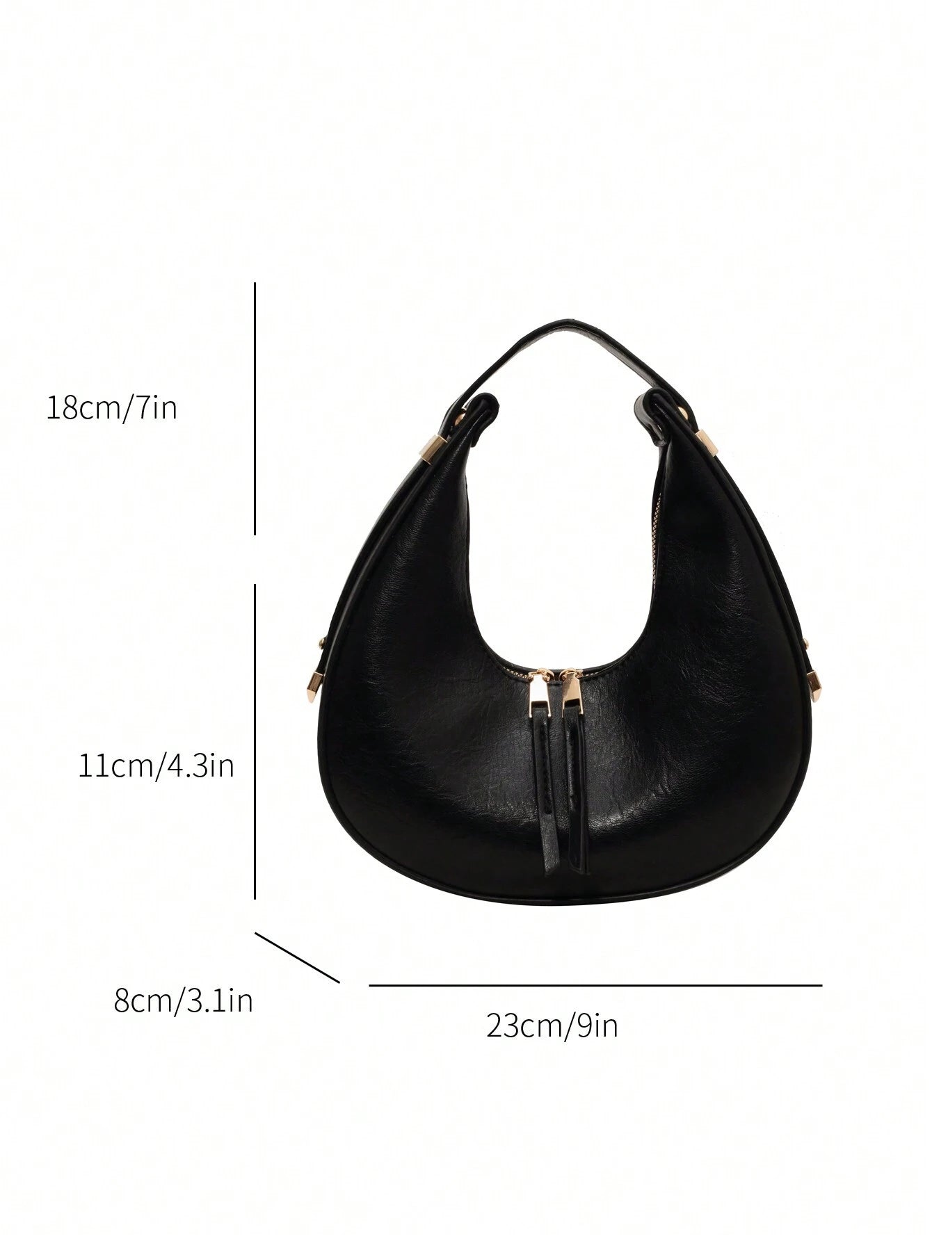 Black handbag with measurements on a white background