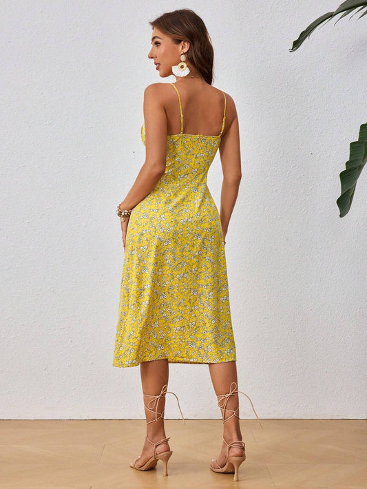 Floral Cami Front and Thigh Slit Summer Dress