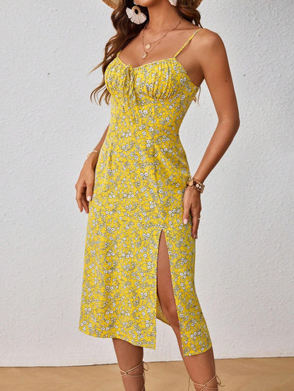 Floral Cami Front and Thigh Slit Summer Dress