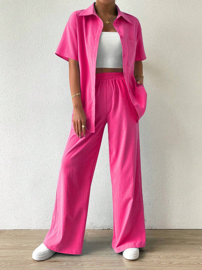 Button-Front  Shirt And Straight Pants Set