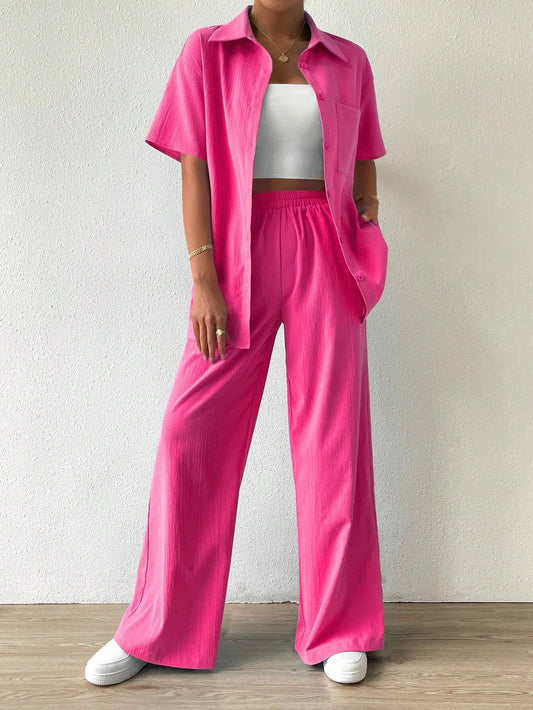 Button-Front  Shirt And Straight Pants Set
