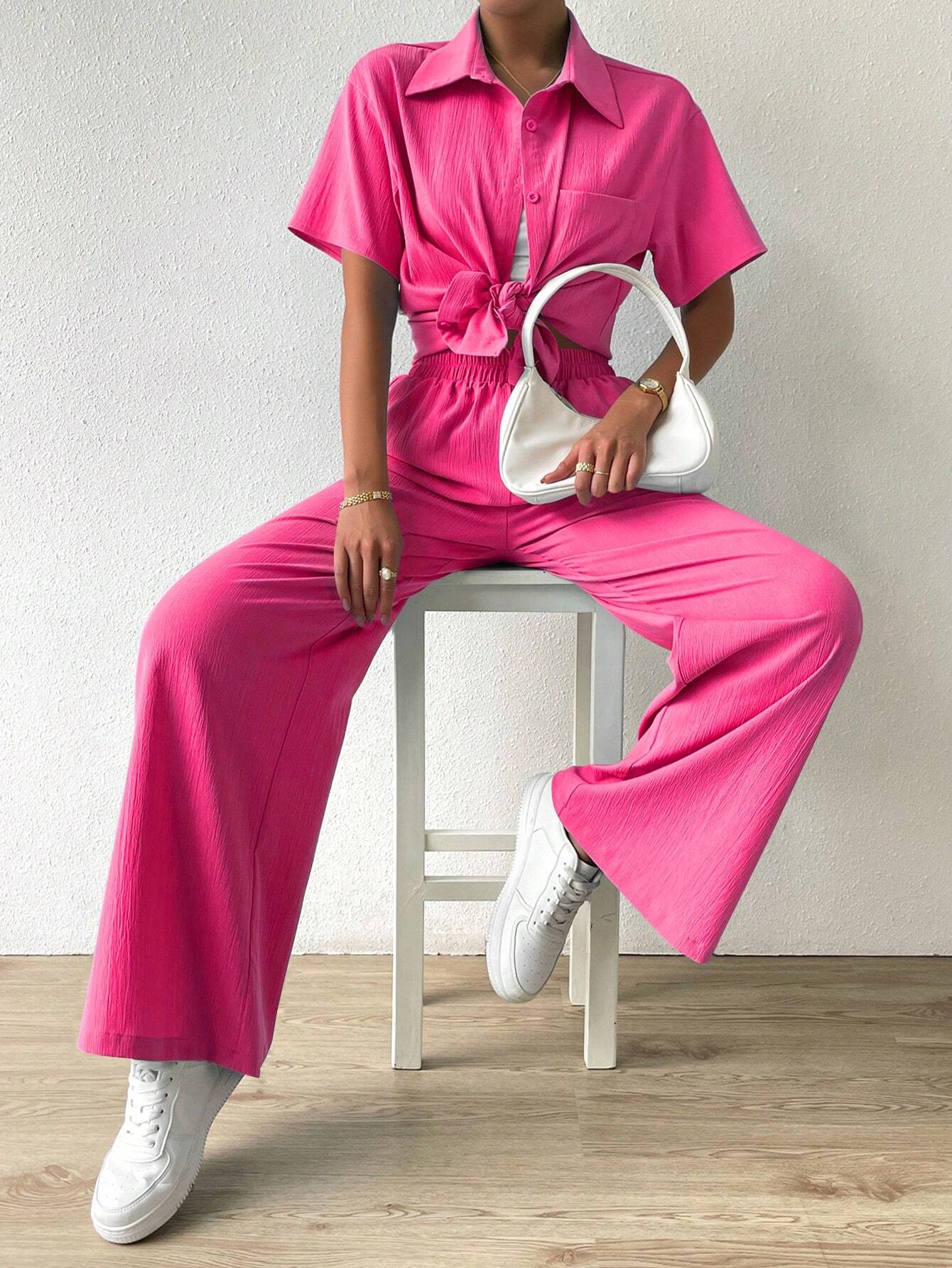 Button-Front  Shirt And Straight Pants Set