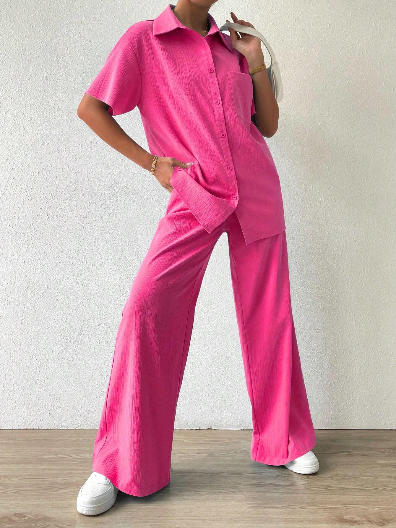 Button-Front  Shirt And Straight Pants Set