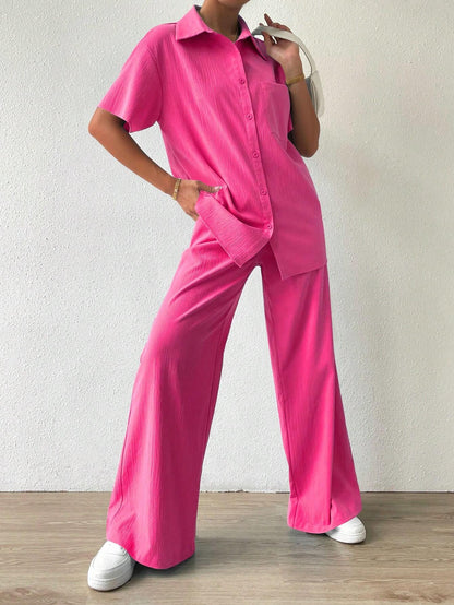 Button-Front  Shirt And Straight Pants Set
