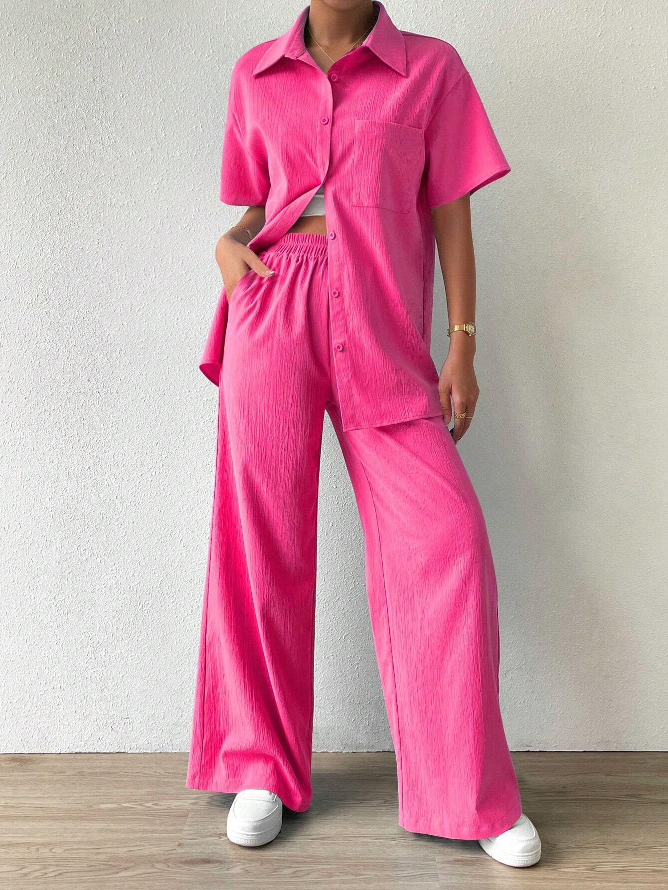 Button-Front  Shirt And Straight Pants Set