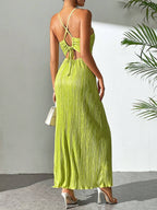 Drawstring Ruffle Backless Cross Straps Maxi Dress