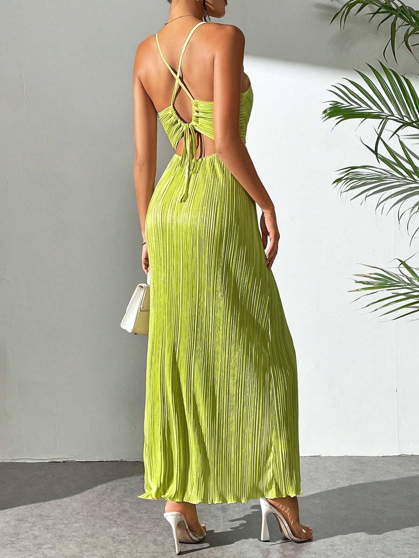 Drawstring Ruffle Backless Cross Straps Maxi Dress