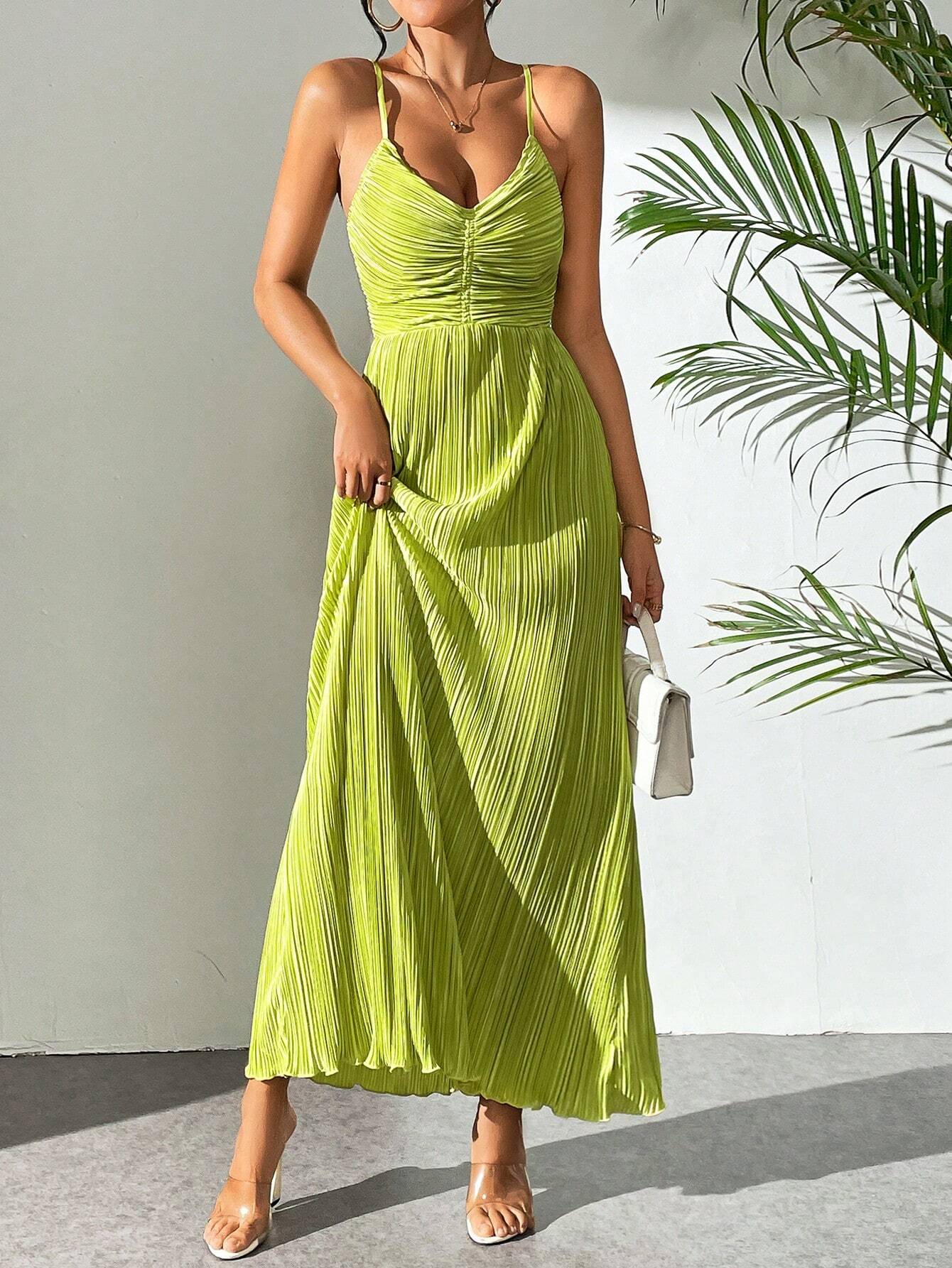 Drawstring Ruffle Backless Cross Straps Maxi Dress