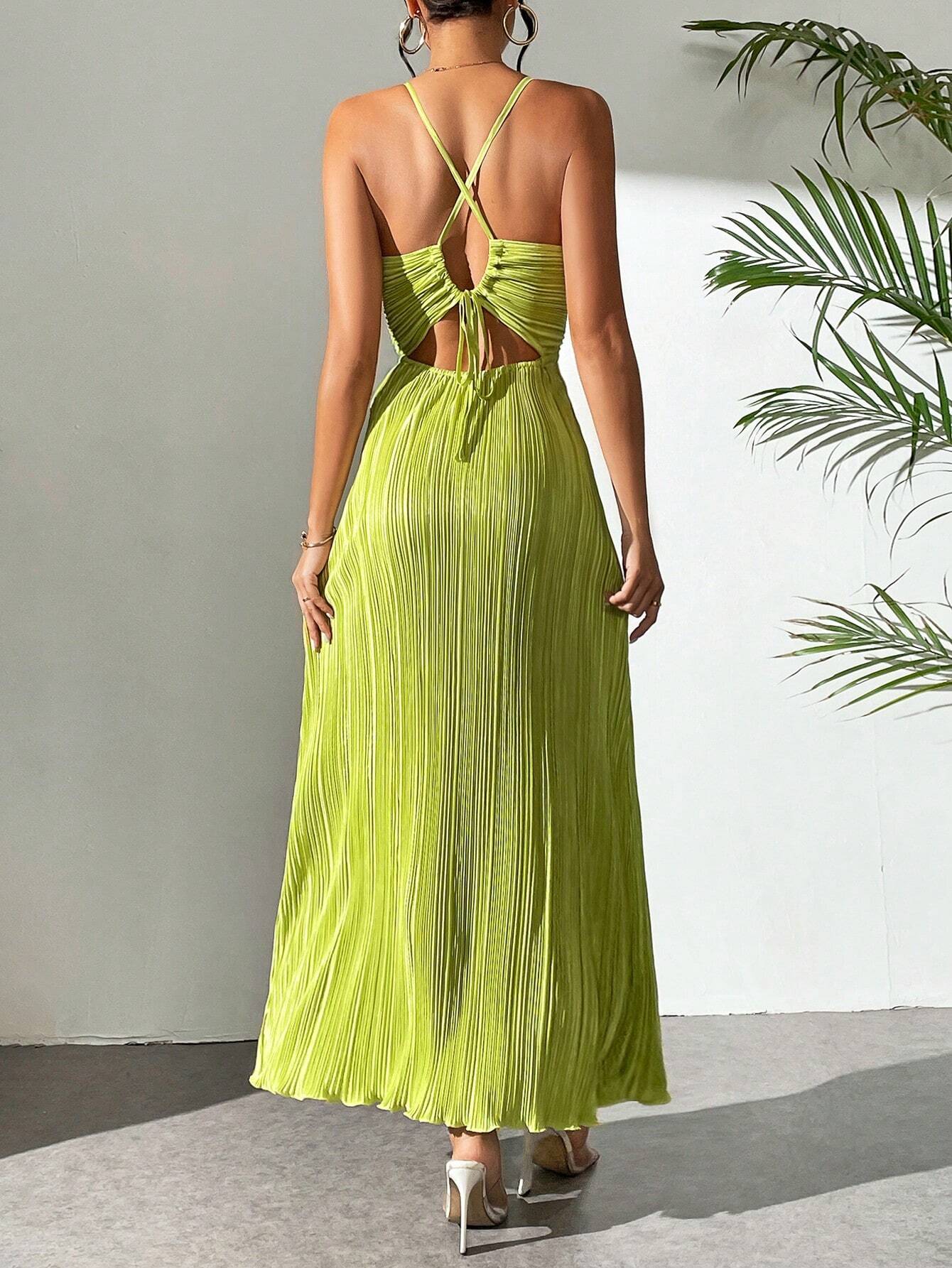Drawstring Ruffle Backless Cross Straps Maxi Dress