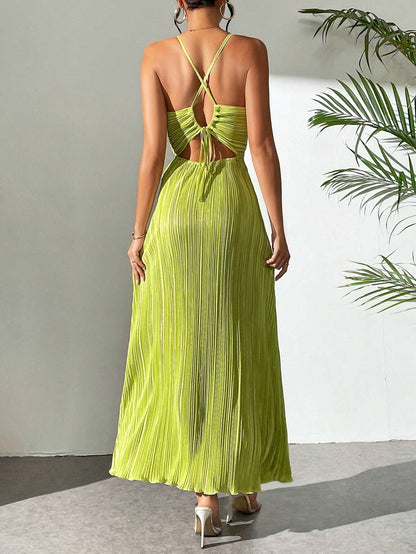 Drawstring Ruffle Backless Cross Straps Maxi Dress