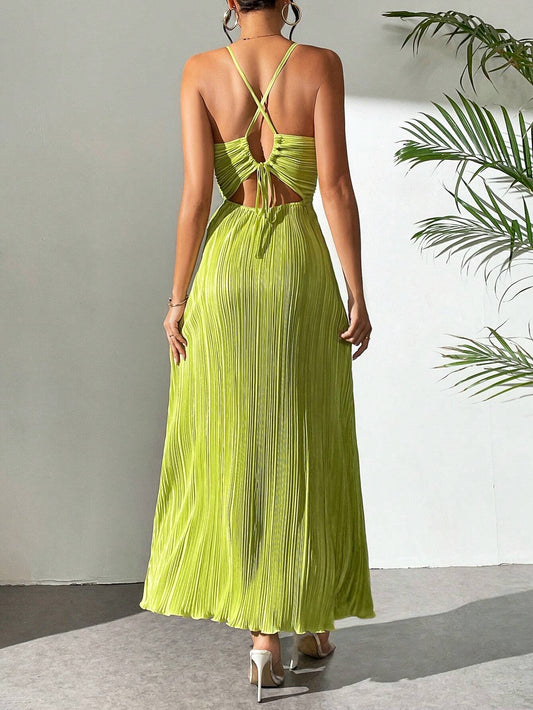 Drawstring Ruffle Backless Cross Straps Maxi Dress