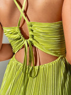 Drawstring Ruffle Backless Cross Straps Maxi Dress
