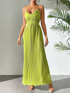 Drawstring Ruffle Backless Cross Straps Maxi Dress